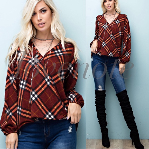 lovenote Tops - Plaid Flannel Long Sleeve Infinity Edge Surplice